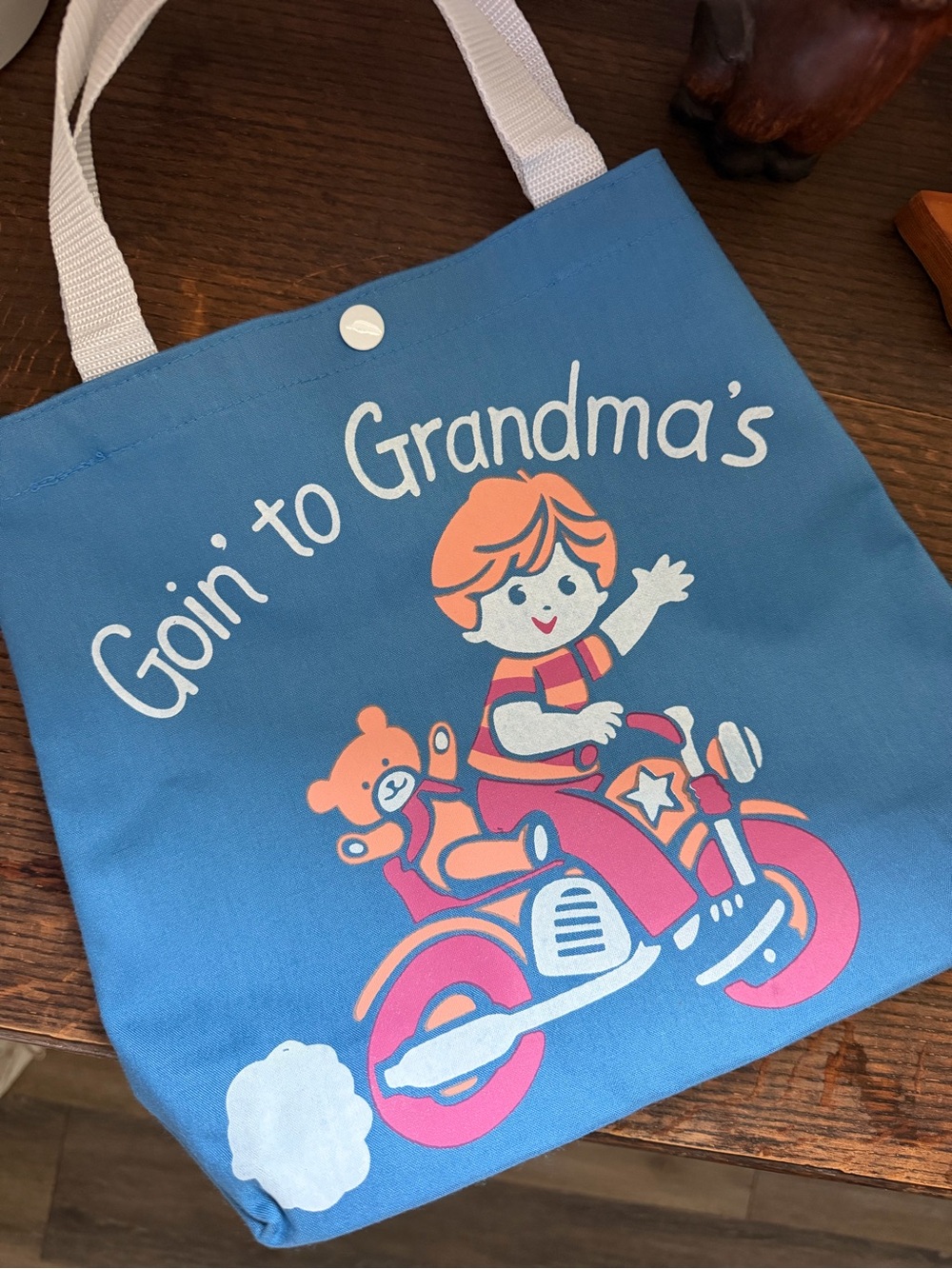 Goin' to Grandma's Blue Tote with Retro Kids Motorcycle Print